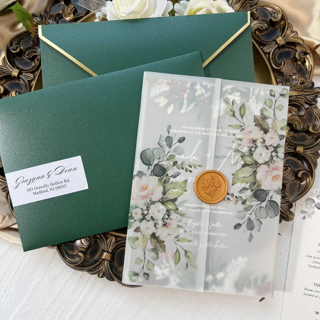 Emerald Green Frosted Acrylic Wedding Invitation Suite, Vellum Greenery Eucalyptus Transparent Invites with Gold Wax Seal, Printable Rsvp, Details Card Wedding Ceremony Supplies Picky Bride 