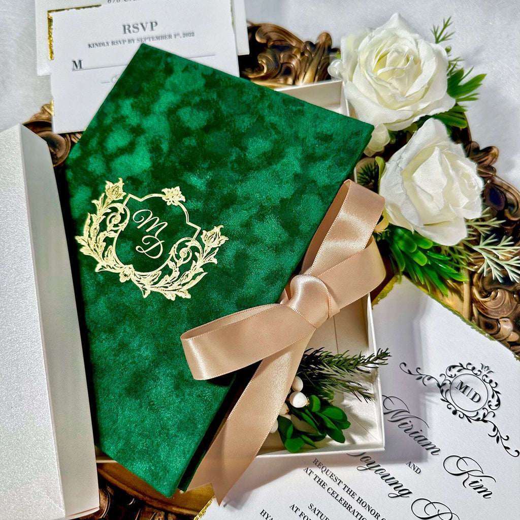 Emerald Green Gold Velvet Wedding Invitations with Gold Foil Monogram, Luxury Handmade Gold Deckled-Edge Invite Cards, Boxed Invitation Picky Bride 