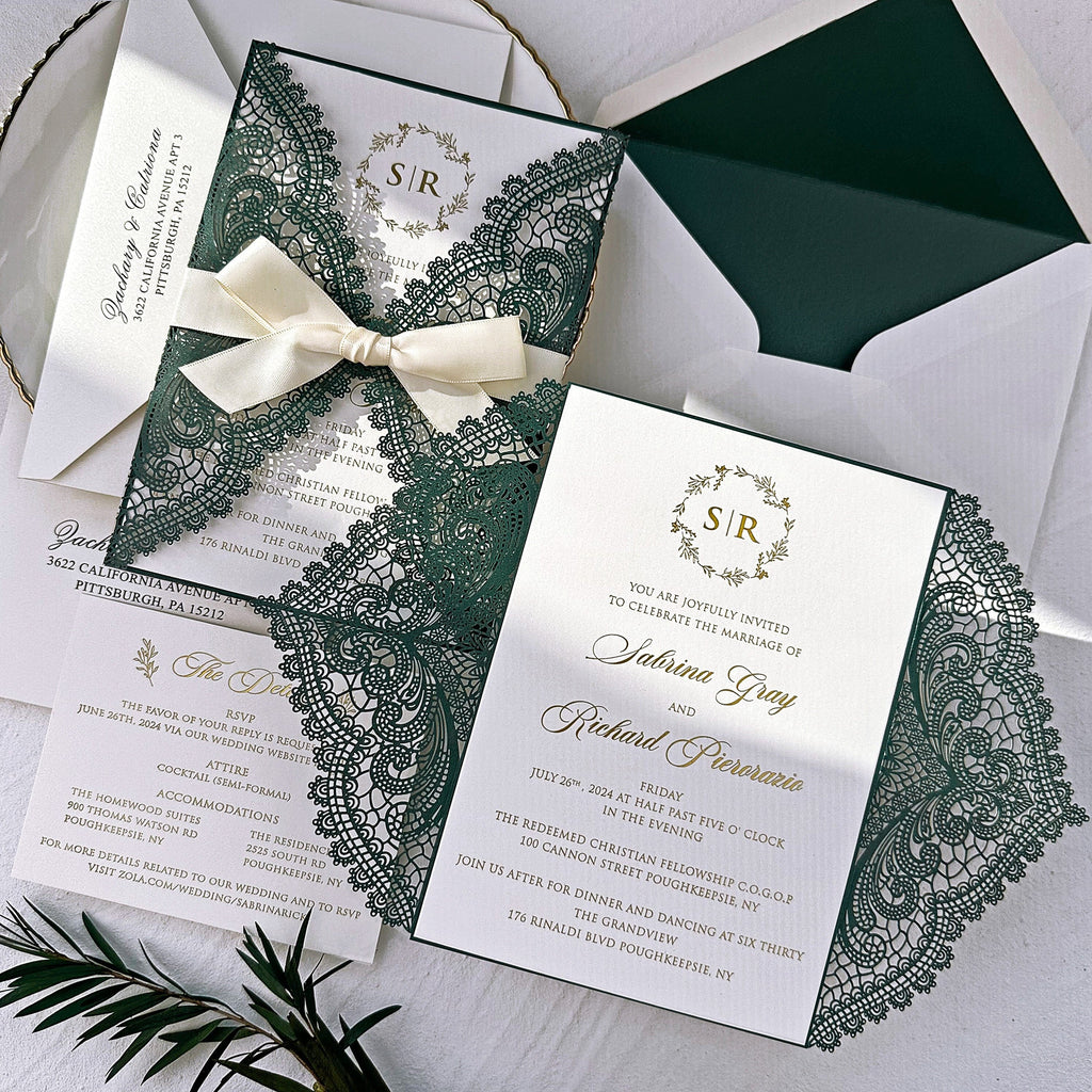 Emerald Green Lace Laser Cut Wedding Invitations, Gold Foil Printing Invites and RSVP Cards, Shimmery Invitation Wedding Ceremony Supplies Picky Bride 