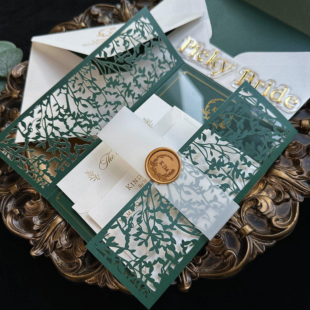 Emerald Green Laser Cut Wedding Invitation, Gorgeous Greenery Botanical Gate Fold Invites, Gold Foil Acrylic Invitations with Wax Seal, Green Lined Envelopes Wedding Ceremony Supplies Picky Bride 