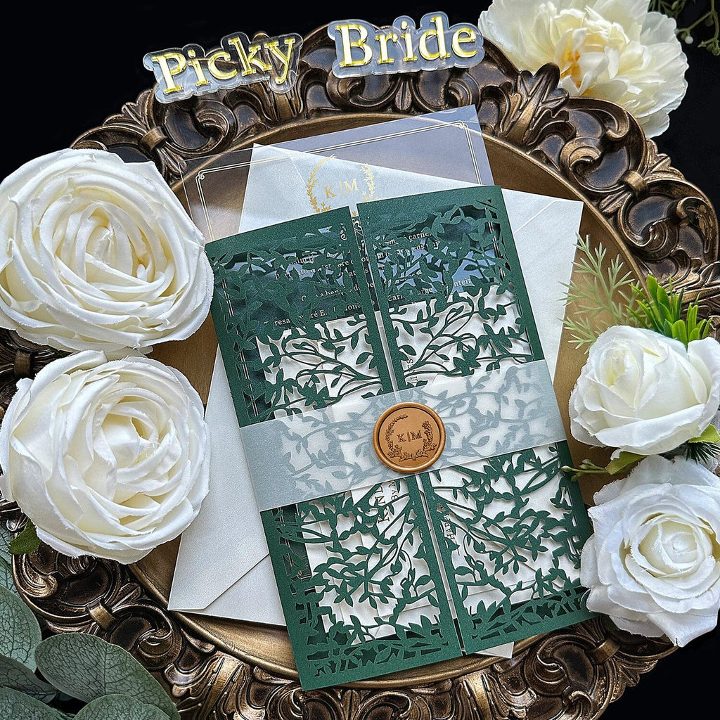 Emerald Green Laser Cut Wedding Invitation, Gorgeous Greenery Botanical Gate Fold Invites, Gold Foil Acrylic Invitations with Wax Seal, Green Lined Envelopes Wedding Ceremony Supplies Picky Bride 