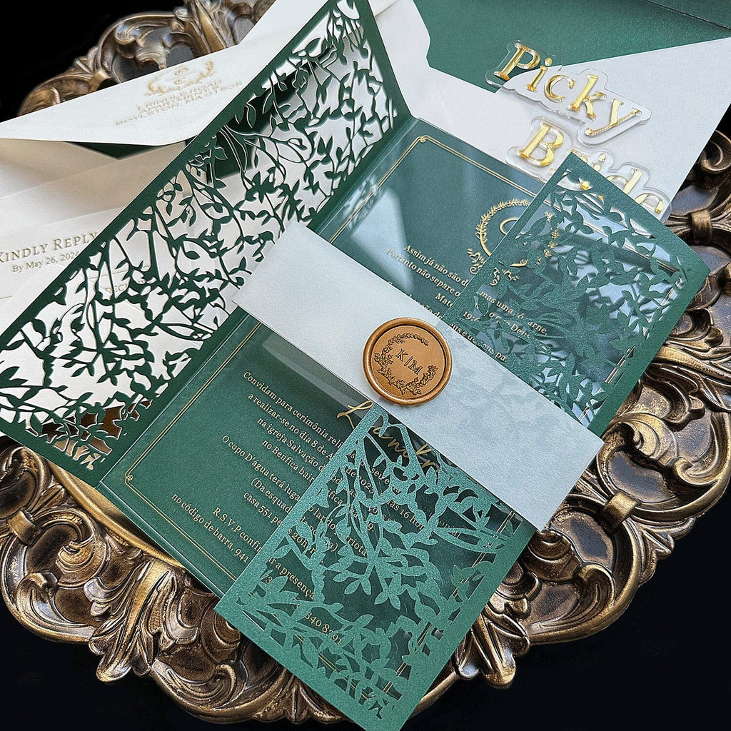 Emerald Green Laser Cut Wedding Invitation, Gorgeous Greenery Botanical Gate Fold Invites, Gold Foil Acrylic Invitations with Wax Seal, Green Lined Envelopes Wedding Ceremony Supplies Picky Bride 