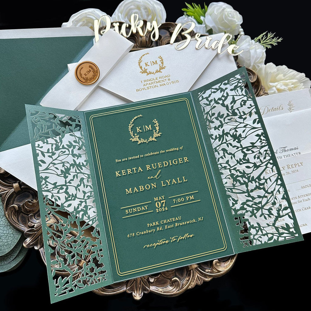 Emerald Green Laser Cut Wedding Invitation, Gorgeous Greenery Botanical Gate Fold Invites, Gold Foil Acrylic Invitations with Wax Seal, Green Lined Envelopes Wedding Ceremony Supplies Picky Bride 