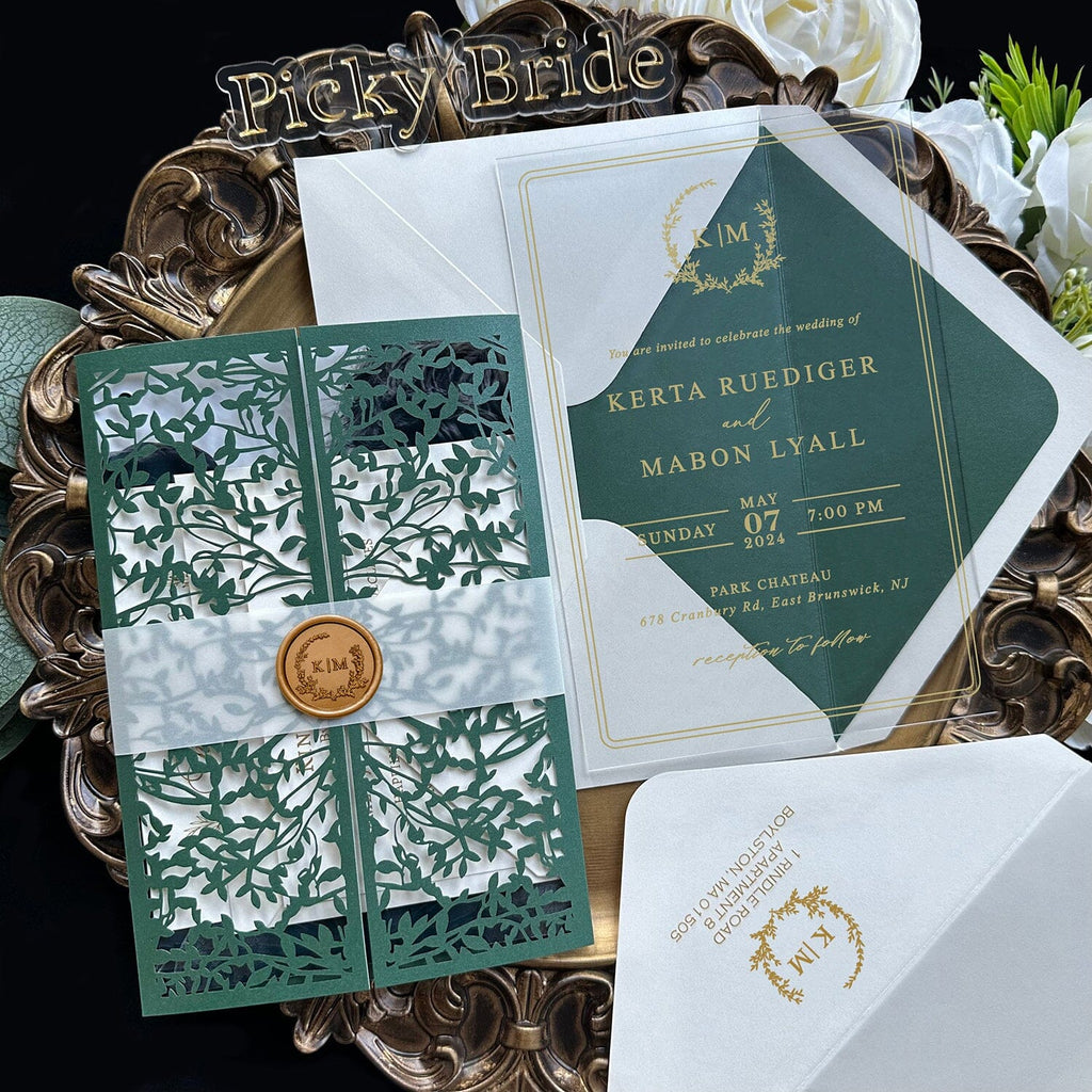 Emerald Green Laser Cut Wedding Invitation, Gorgeous Greenery Botanical Gate Fold Invites, Gold Foil Acrylic Invitations with Wax Seal, Green Lined Envelopes Wedding Ceremony Supplies Picky Bride 