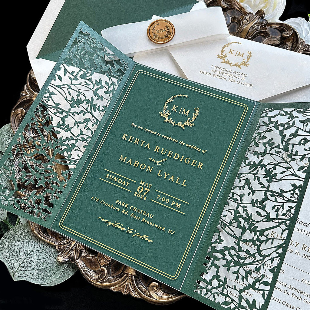 Emerald Green Laser Cut Wedding Invitation, Gorgeous Greenery Botanical Gate Fold Invites, Gold Foil Acrylic Invitations with Wax Seal, Green Lined Envelopes Wedding Ceremony Supplies Picky Bride 