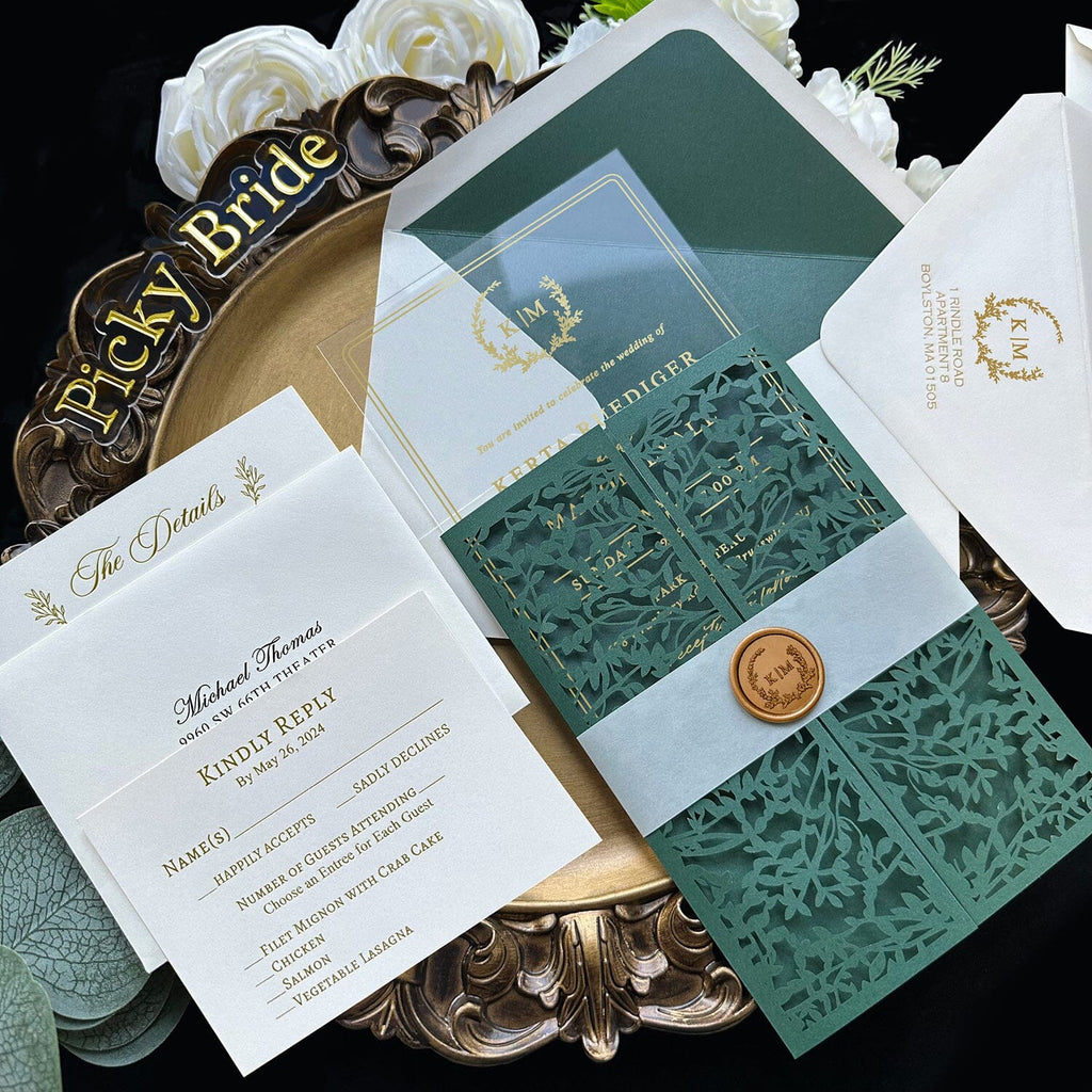 Emerald Green Laser Cut Wedding Invitation, Gorgeous Greenery Botanical Gate Fold Invites, Gold Foil Acrylic Invitations with Wax Seal, Green Lined Envelopes Wedding Ceremony Supplies Picky Bride 