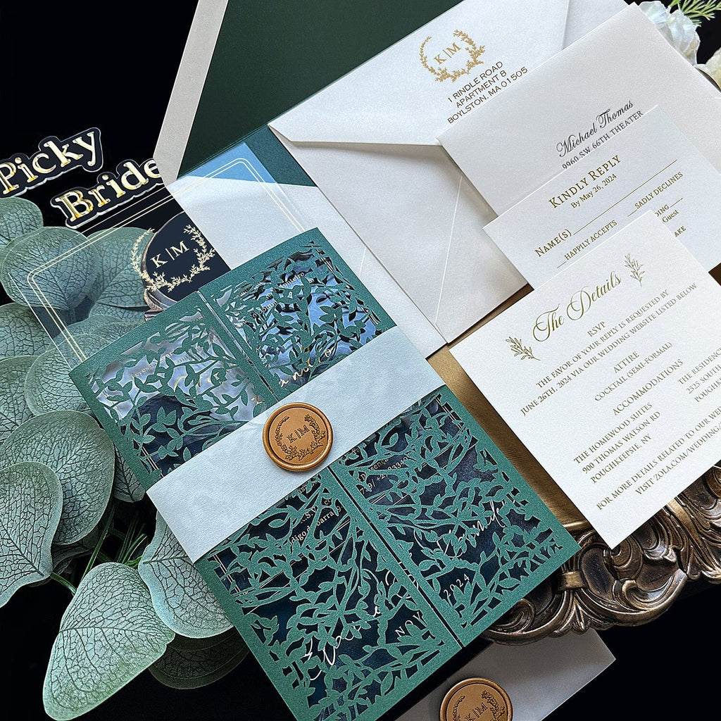 Emerald Green Laser Cut Wedding Invitation, Gorgeous Greenery Botanical Gate Fold Invites, Gold Foil Acrylic Invitations with Wax Seal, Green Lined Envelopes Wedding Ceremony Supplies Picky Bride 