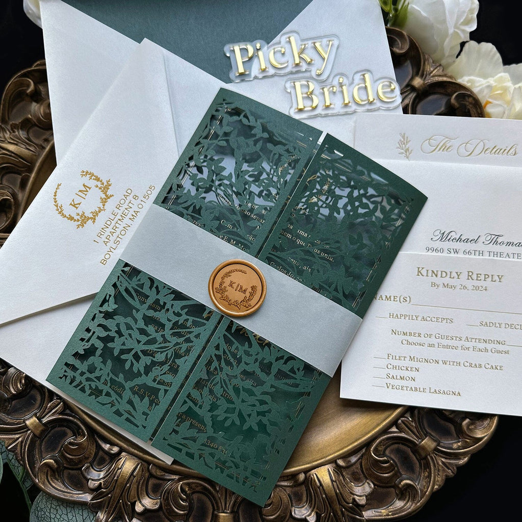 Emerald Green Laser Cut Wedding Invitation, Gorgeous Greenery Botanical Gate Fold Invites, Gold Foil Acrylic Invitations with Wax Seal, Green Lined Envelopes Wedding Ceremony Supplies Picky Bride 