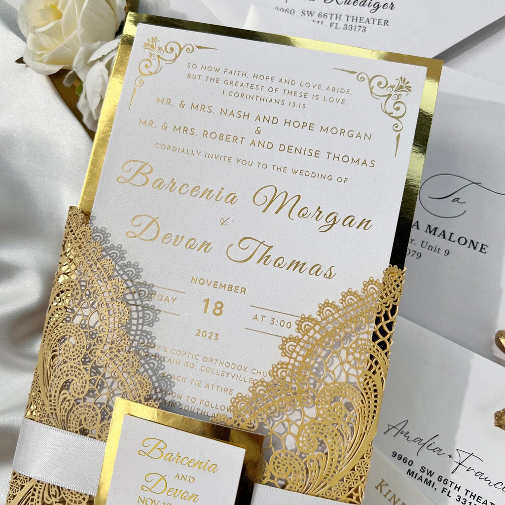 Gold Foil Laser Cut Wedding Invitation Set, Luxury Glitter Invite Card and Bellyband, Golden Lace Wedding Invites Picky Bride Invitation 30 x $6.0 ea. 