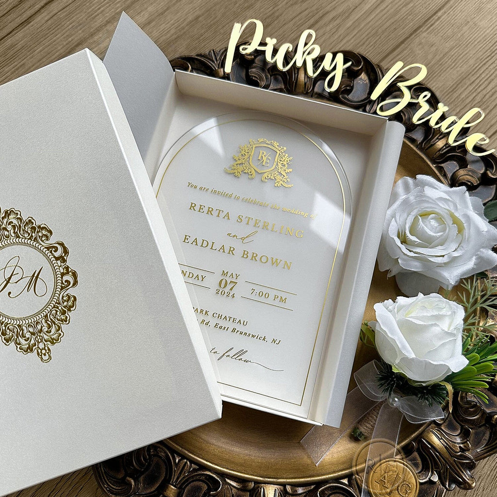 Gold Foiled Clear Acrylic Wedding Invitations with Pearl Box, Ivory Vellum and Customized Wax Seal, Luxury Boxed Invited Wedding Ceremony Supplies Picky Bride 