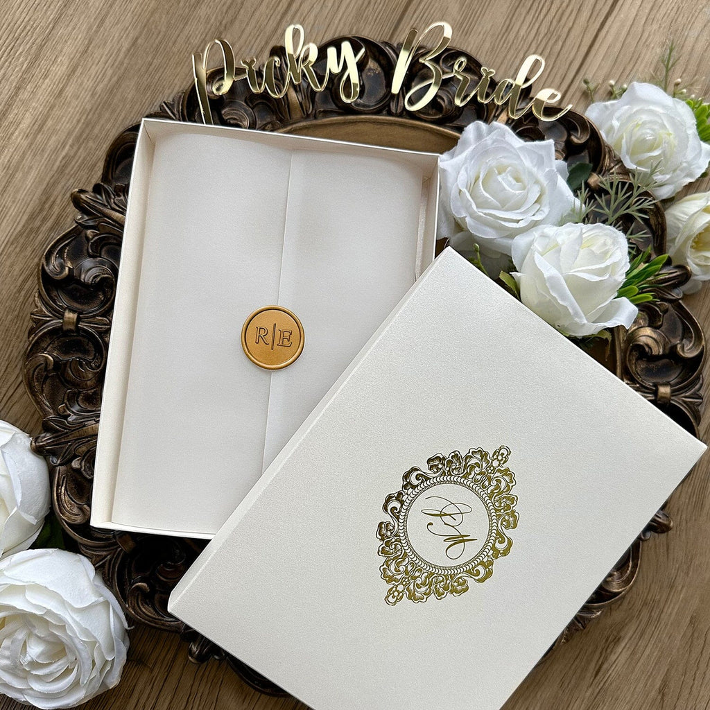 Gold Foiled Clear Acrylic Wedding Invitations with Pearl Box, Ivory Vellum and Customized Wax Seal, Luxury Boxed Invited Wedding Ceremony Supplies Picky Bride 