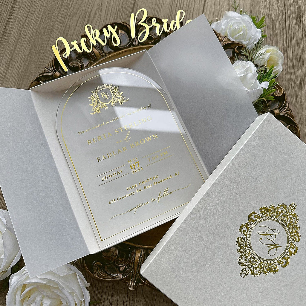 Gold Foiled Clear Acrylic Wedding Invitations with Pearl Box, Ivory Vellum and Customized Wax Seal, Luxury Boxed Invited Wedding Ceremony Supplies Picky Bride 