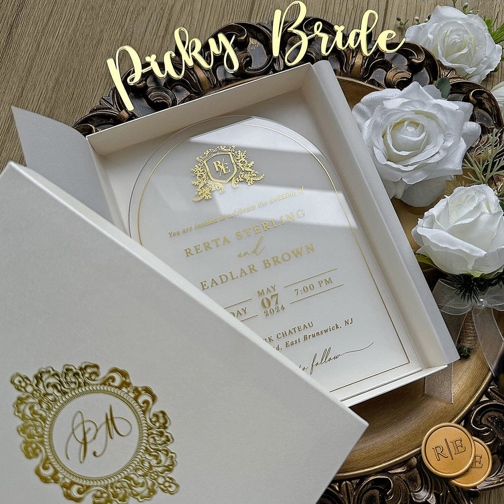 Gold Foiled Clear Acrylic Wedding Invitations with Pearl Box, Ivory Vellum and Customized Wax Seal, Luxury Boxed Invited Wedding Ceremony Supplies Picky Bride 