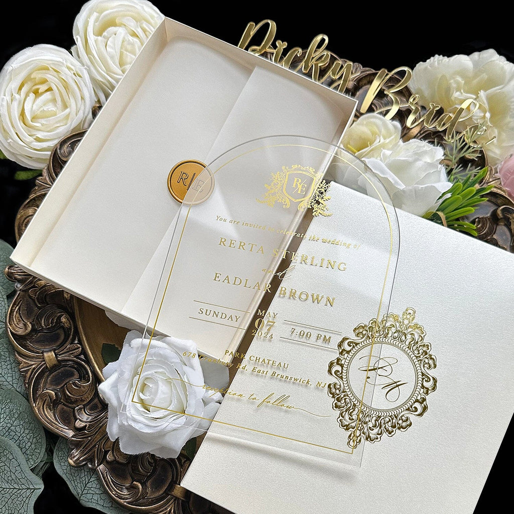 Gold Foiled Clear Acrylic Wedding Invitations with Pearl Box, Ivory Vellum and Customized Wax Seal, Luxury Boxed Invited Wedding Ceremony Supplies Picky Bride 