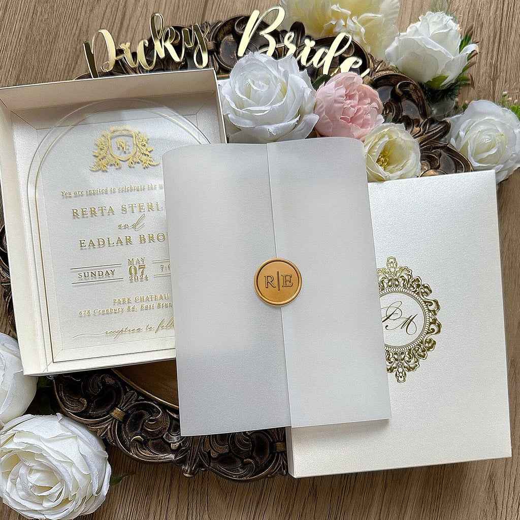 Gold Foiled Clear Acrylic Wedding Invitations with Pearl Box, Ivory Vellum and Customized Wax Seal, Luxury Boxed Invited Wedding Ceremony Supplies Picky Bride 