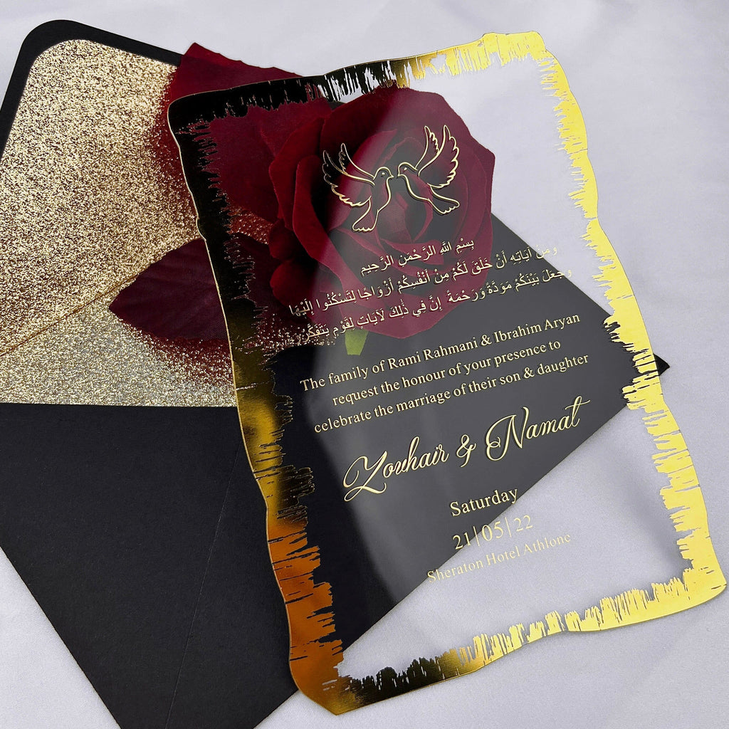 Gold Wavy Border Acrylic Wedding Invitations, Luxury Gold Foil Edge Wedding Invites with Black Glitter Lined Envelope, Customized Gold Ink Invitation Wedding Ceremony Supplies Picky Bride 