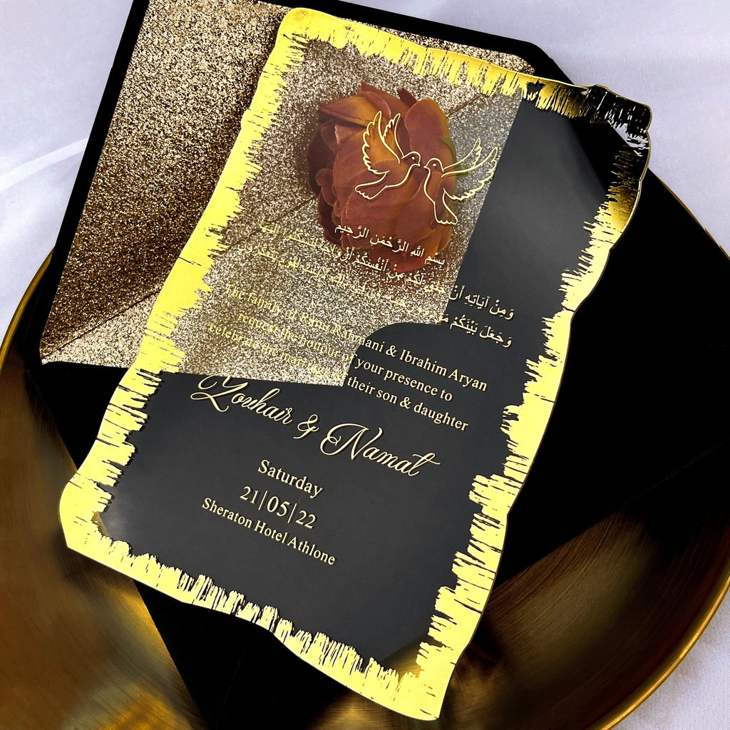 Gold Wavy Border Acrylic Wedding Invitations, Luxury Gold Foil Edge Wedding Invites with Black Glitter Lined Envelope, Customized Gold Ink Invitation Wedding Ceremony Supplies Picky Bride 