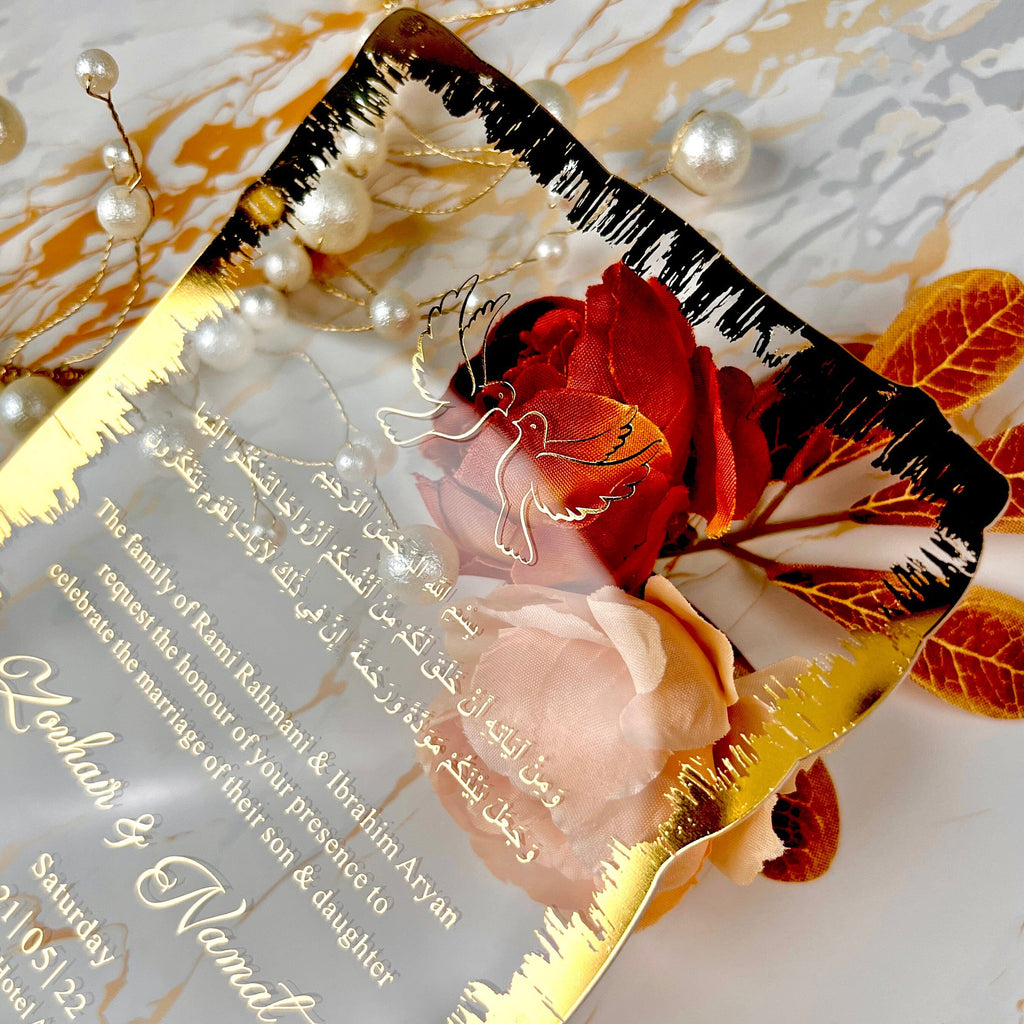 Gold Wavy Border Acrylic Wedding Invitations, Luxury Gold Foil Edge Wedding Invites with Black Glitter Lined Envelope, Customized Gold Ink Invitation Wedding Ceremony Supplies Picky Bride 