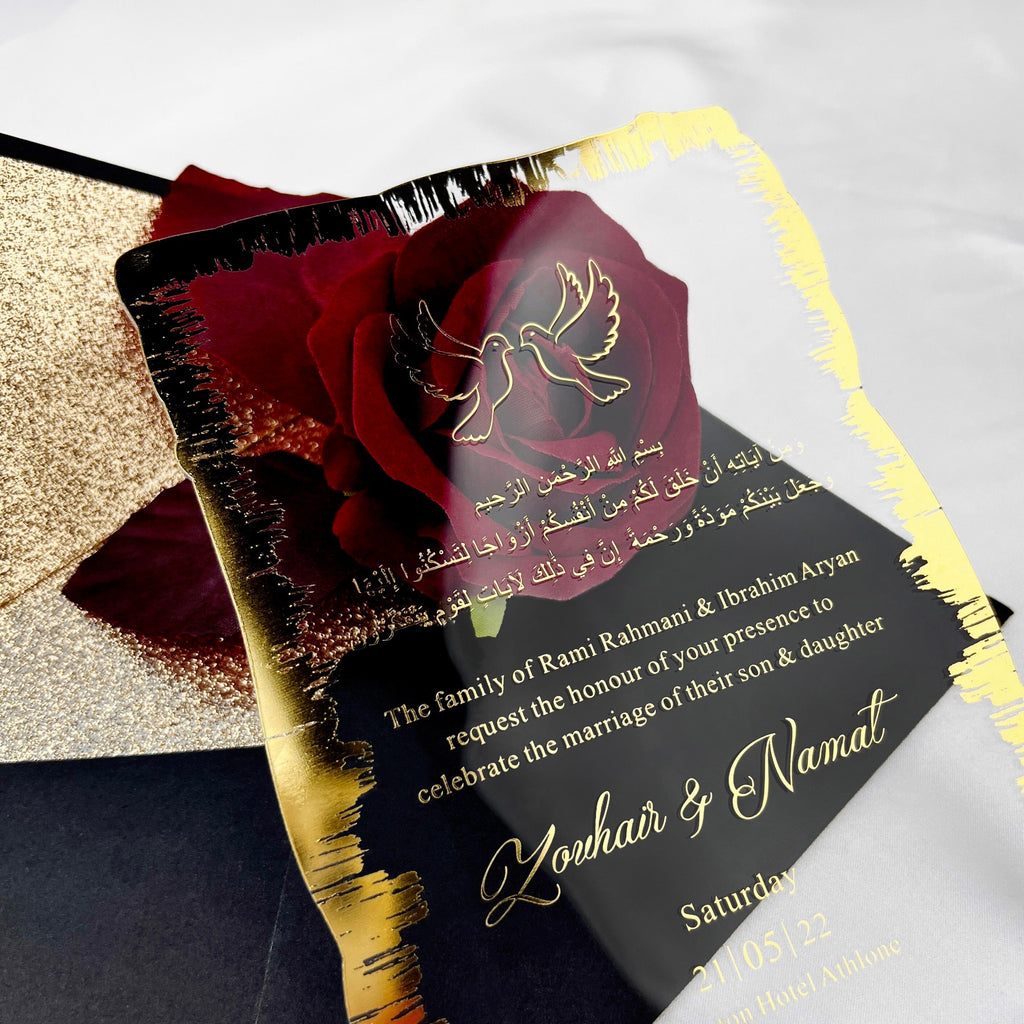 Gold Wavy Border Acrylic Wedding Invitations, Luxury Gold Foil Edge Wedding Invites with Black Glitter Lined Envelope, Customized Gold Ink Invitation Wedding Ceremony Supplies Picky Bride 