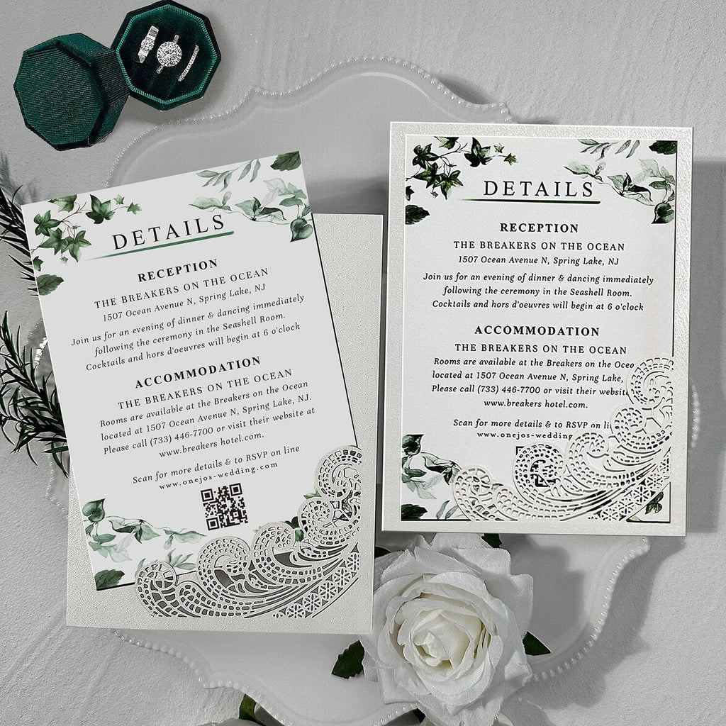 Greenery Botanical Lace Laser Cut Wedding Invitations, Emerald Green Wax Seal, Elegant Details Card, RSVP Cards Wedding Ceremony Supplies Picky Bride 