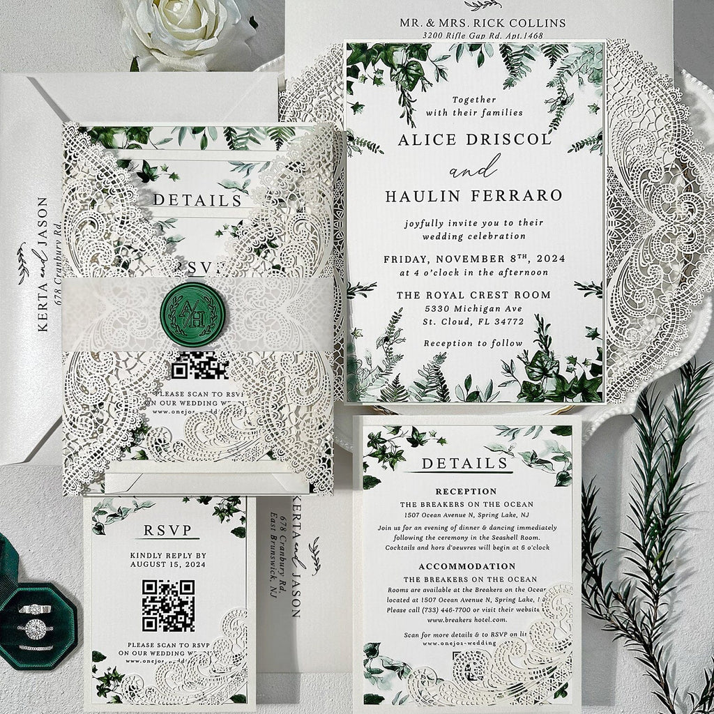 Greenery Botanical Lace Laser Cut Wedding Invitations, Emerald Green Wax Seal, Elegant Details Card, RSVP Cards Wedding Ceremony Supplies Picky Bride 