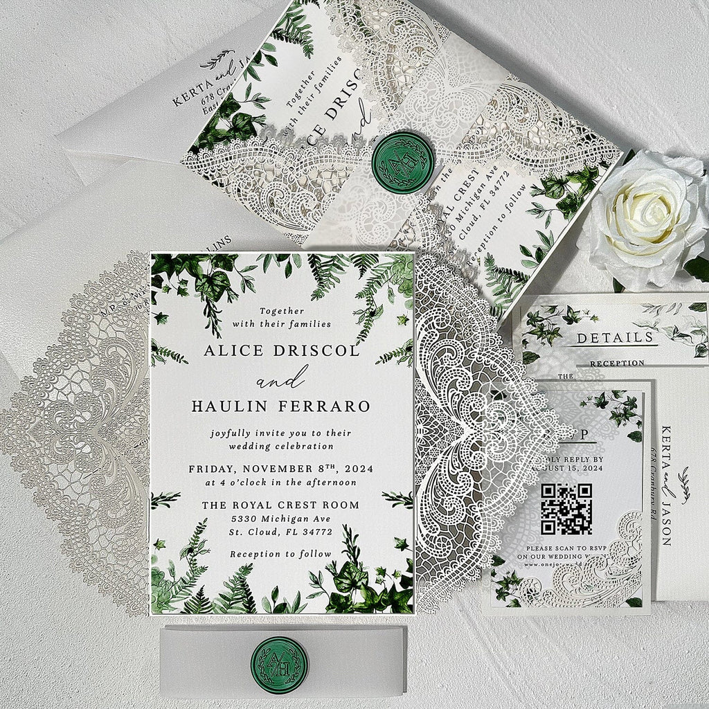 Greenery Botanical Lace Laser Cut Wedding Invitations, Emerald Green Wax Seal, Elegant Details Card, RSVP Cards Wedding Ceremony Supplies Picky Bride 