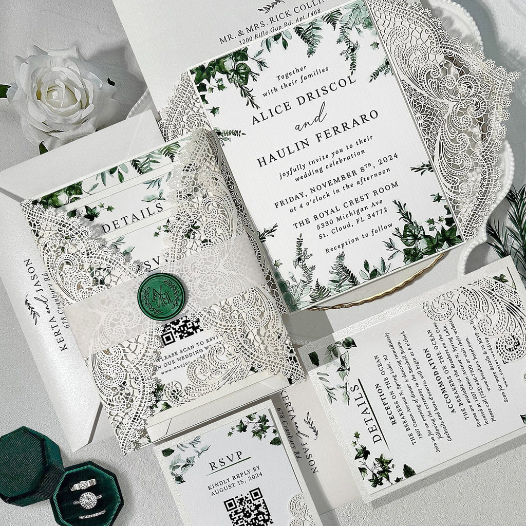 Greenery Botanical Lace Laser Cut Wedding Invitations, Emerald Green Wax Seal, Elegant Details Card, RSVP Cards Wedding Ceremony Supplies Picky Bride 