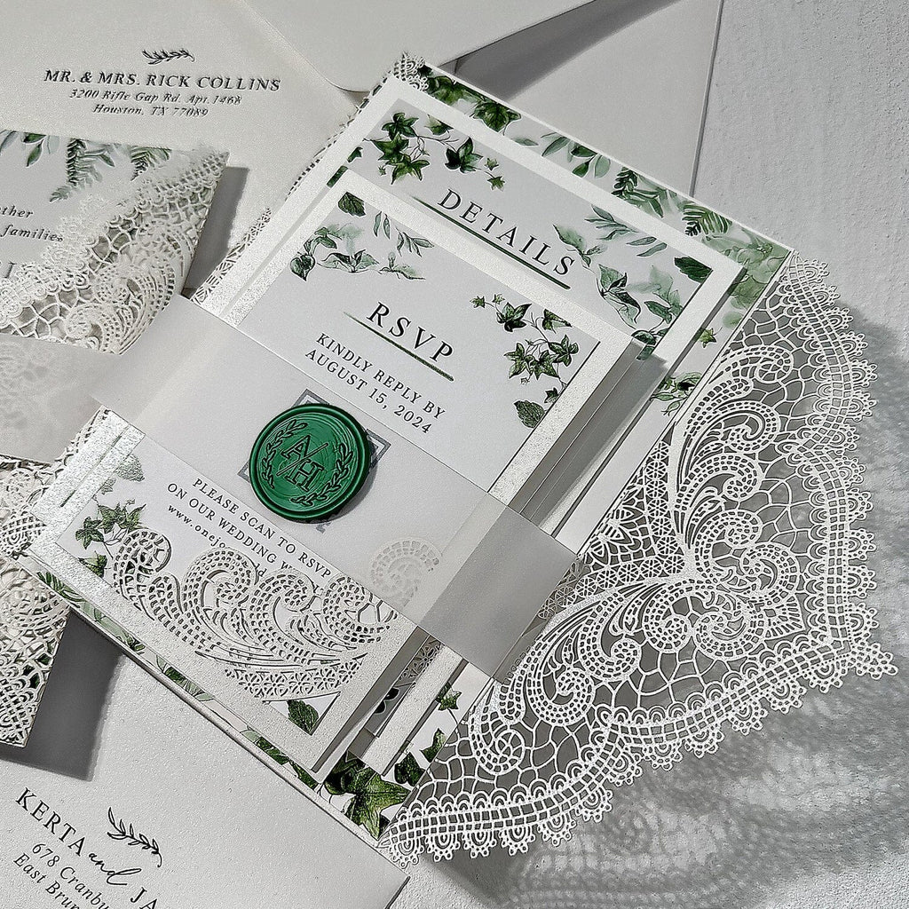 Greenery Botanical Lace Laser Cut Wedding Invitations, Emerald Green Wax Seal, Elegant Details Card, RSVP Cards Wedding Ceremony Supplies Picky Bride 