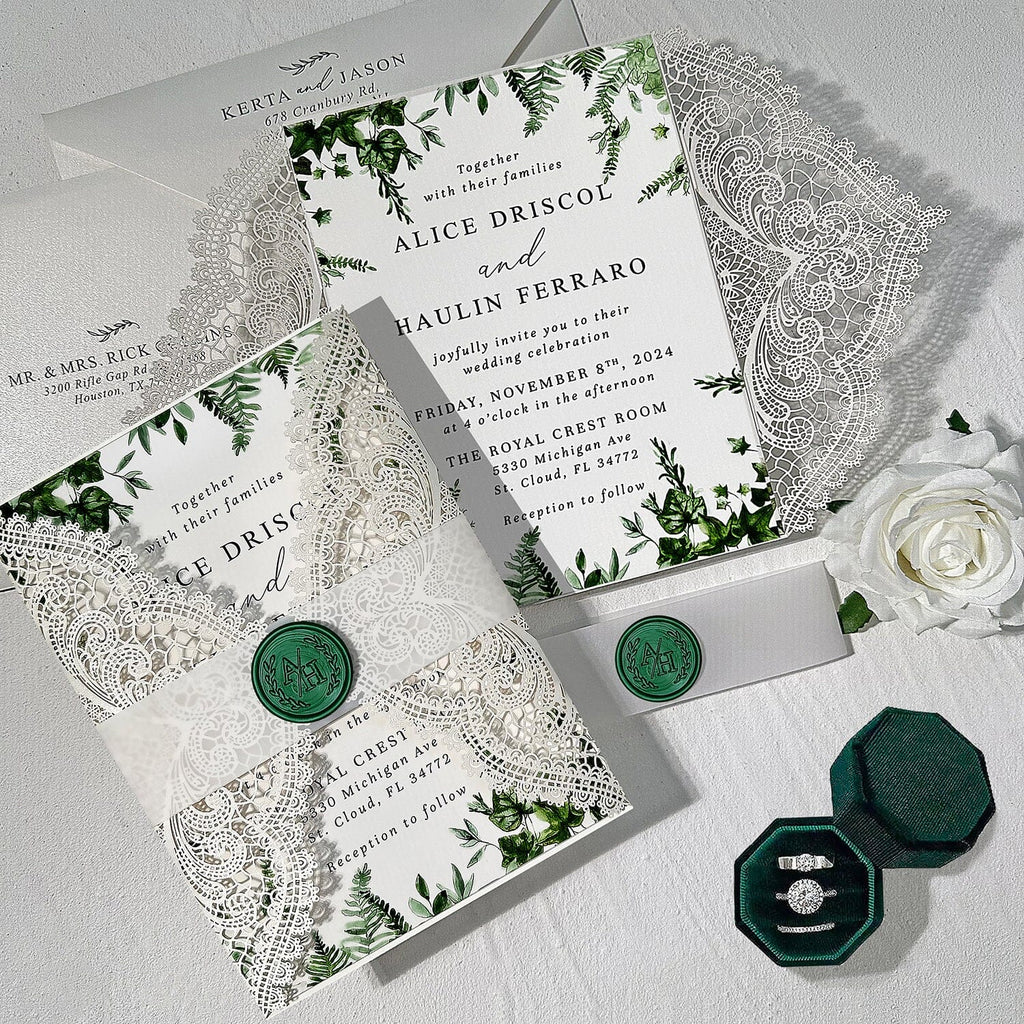 Greenery Botanical Lace Laser Cut Wedding Invitations, Emerald Green Wax Seal, Elegant Details Card, RSVP Cards Wedding Ceremony Supplies Picky Bride 