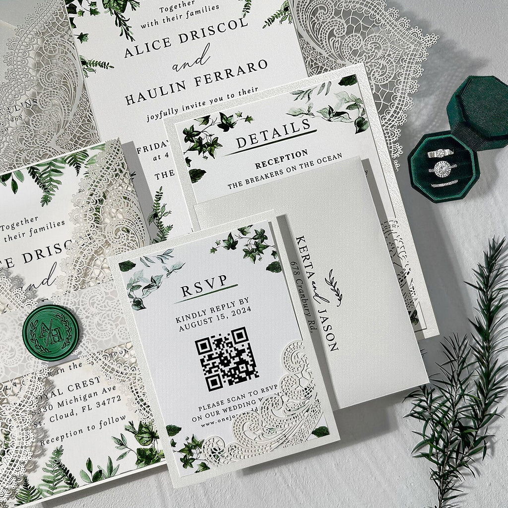 Greenery Botanical Lace Laser Cut Wedding Invitations, Emerald Green Wax Seal, Elegant Details Card, RSVP Cards Wedding Ceremony Supplies Picky Bride 