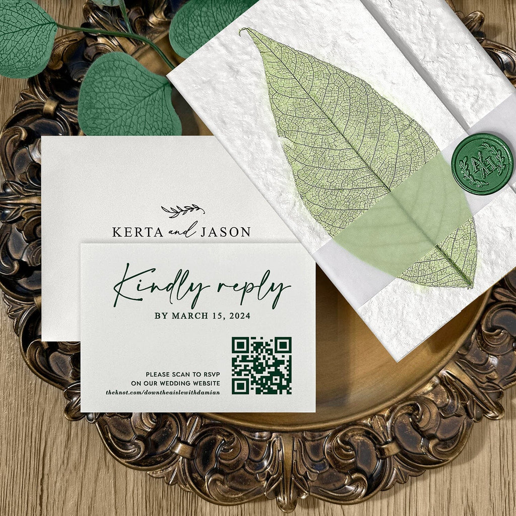 Handmade Botanical Wedding Invitations, Rustic Real Leaf Invites with Sage Green Wax Seal, Greenery Invitation with QR Code RSVP Wedding Ceremony Supplies Picky Bride 