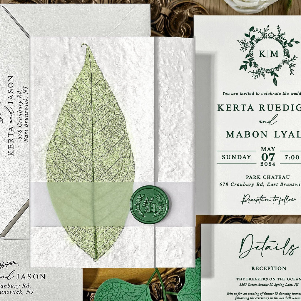 Handmade Botanical Wedding Invitations, Rustic Real Leaf Invites with Sage Green Wax Seal, Greenery Invitation with QR Code RSVP Wedding Ceremony Supplies Picky Bride 