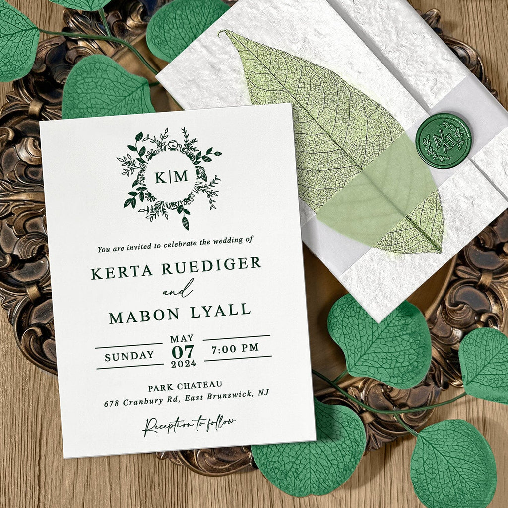 Handmade Botanical Wedding Invitations, Rustic Real Leaf Invites with Sage Green Wax Seal, Greenery Invitation with QR Code RSVP Wedding Ceremony Supplies Picky Bride 