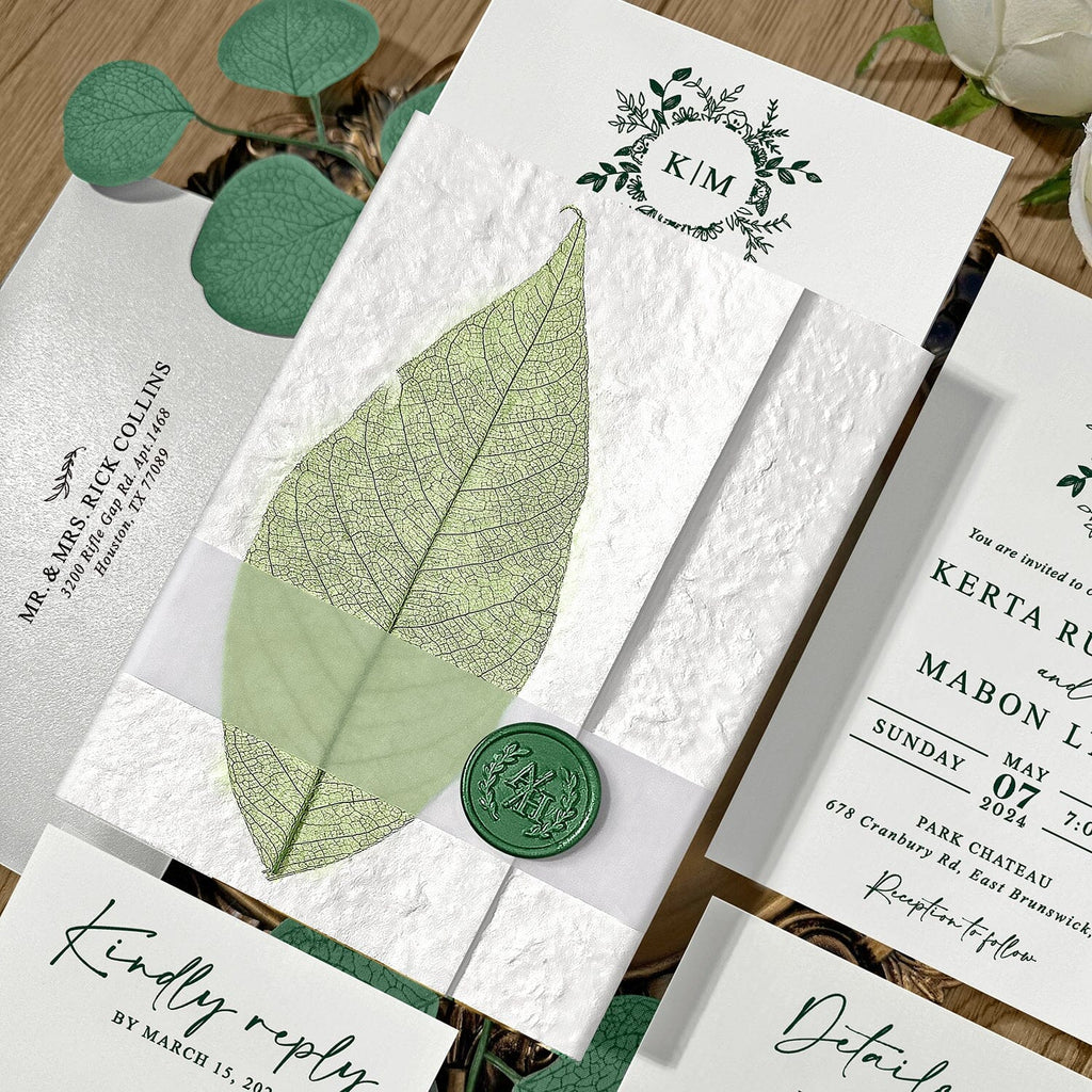 Handmade Botanical Wedding Invitations, Rustic Real Leaf Invites with Sage Green Wax Seal, Greenery Invitation with QR Code RSVP Wedding Ceremony Supplies Picky Bride 