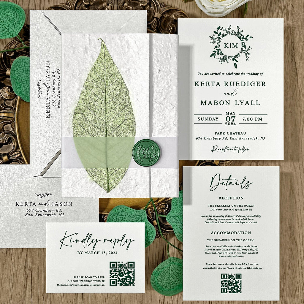 Handmade Botanical Wedding Invitations, Rustic Real Leaf Invites with Sage Green Wax Seal, Greenery Invitation with QR Code RSVP Wedding Ceremony Supplies Picky Bride 