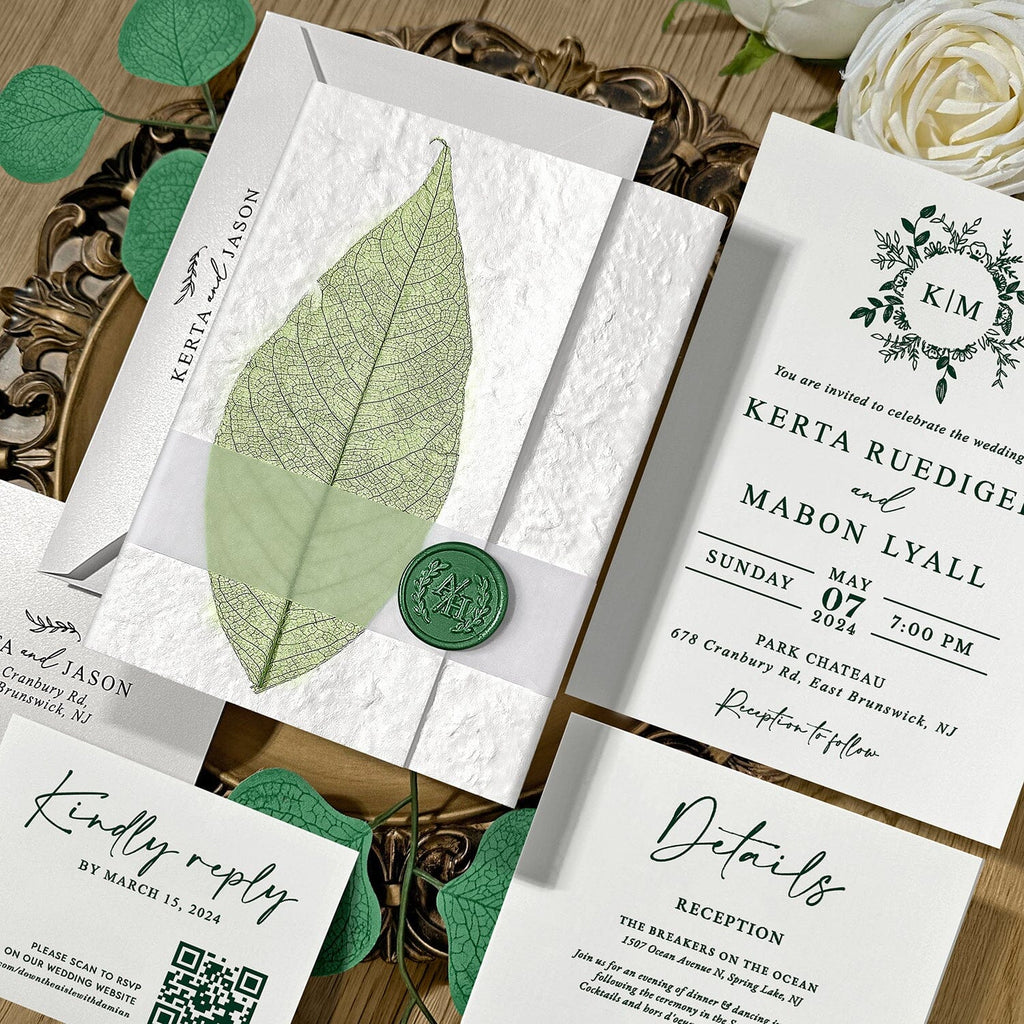 Handmade Botanical Wedding Invitations, Rustic Real Leaf Invites with Sage Green Wax Seal, Greenery Invitation with QR Code RSVP Wedding Ceremony Supplies Picky Bride 