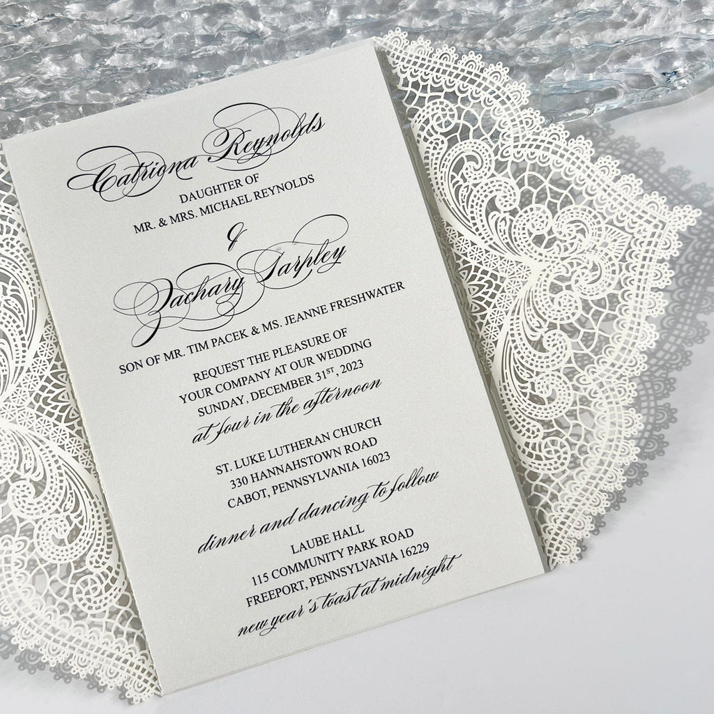 Ivory Laser Cut Wedding Invitation Suite, Gate Fold Lace Calligraphy Invites, Customized Wedding Card Size Wedding Ceremony Supplies Picky Bride 