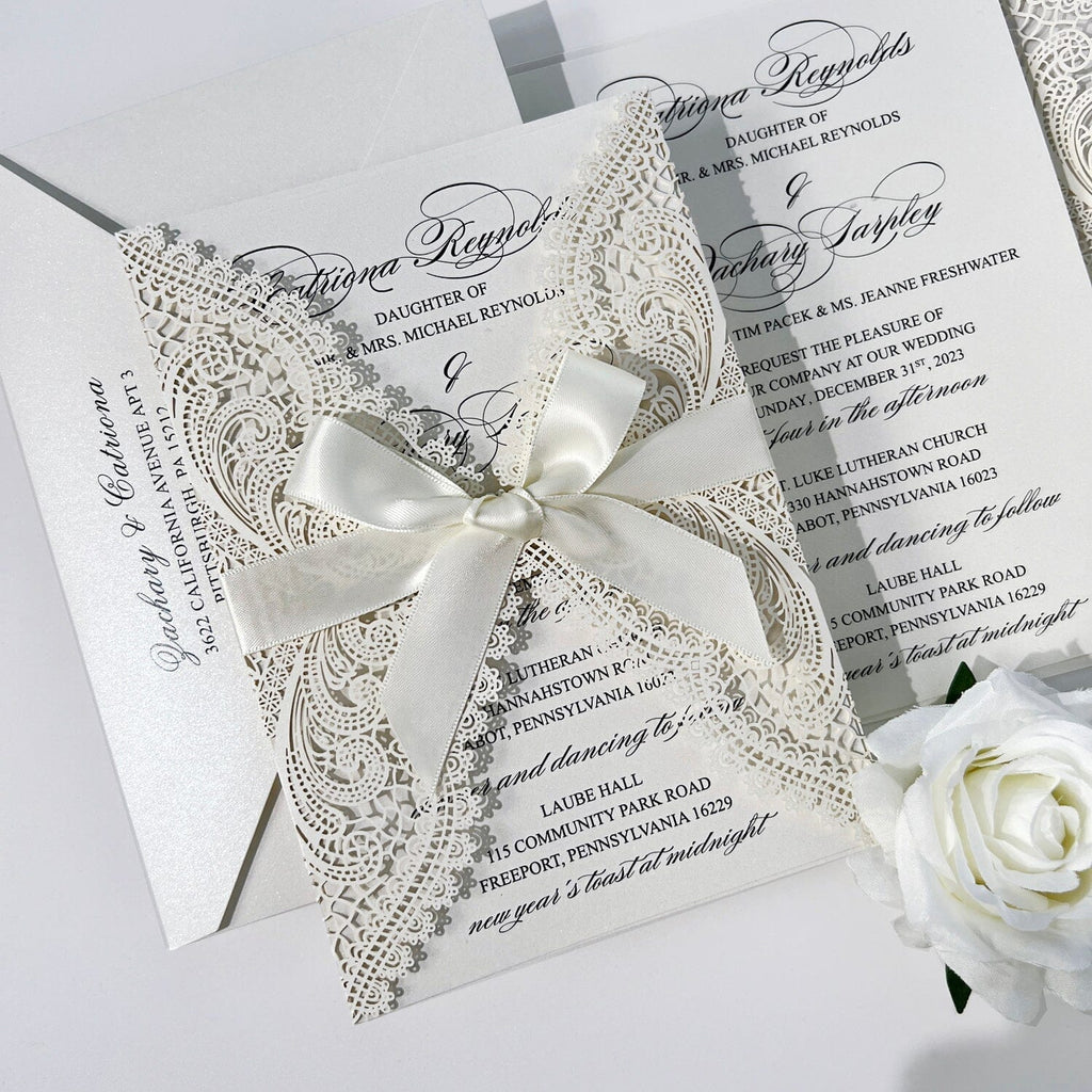 Ivory Laser Cut Wedding Invitation Suite, Gate Fold Lace Calligraphy Invites, Customized Wedding Card Size Wedding Ceremony Supplies Picky Bride 