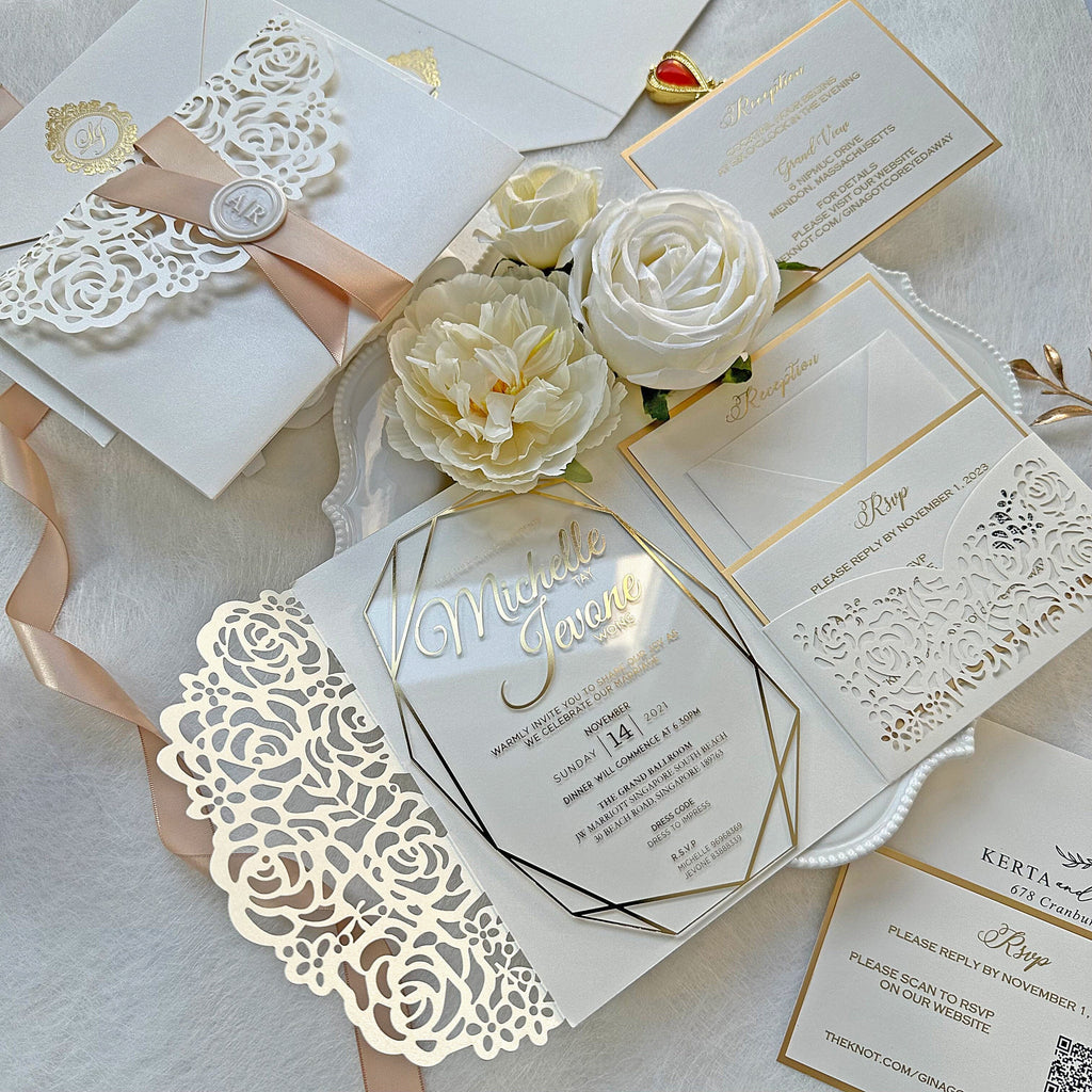 Laser Cut Pocket Clear Acrylic Wedding Invitation with Matching Cards: Rsvp Card, Reception Card, Detail Cards, Ivory Rose Laser Cutting Picky Bride 