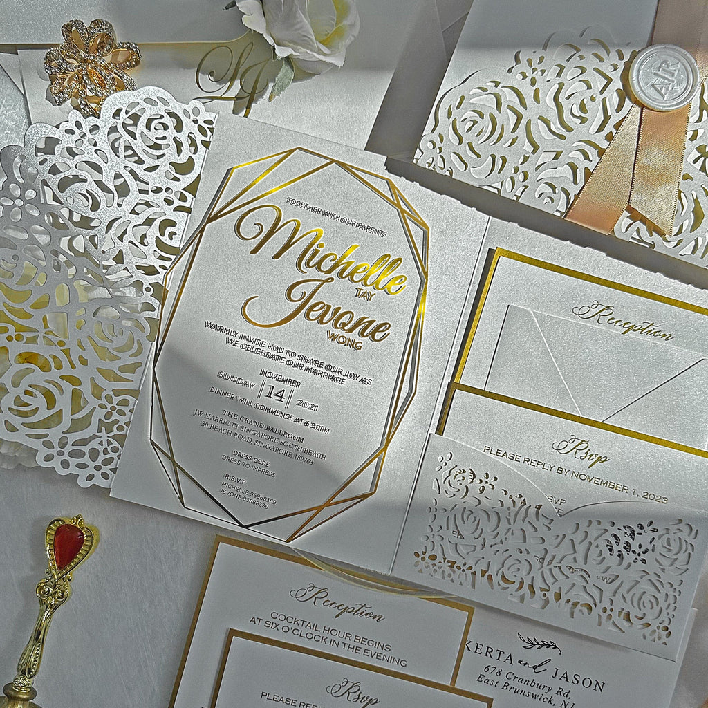 Laser Cut Pocket Clear Acrylic Wedding Invitation with Matching Cards: Rsvp Card, Reception Card, Detail Cards, Ivory Rose Laser Cutting Picky Bride 