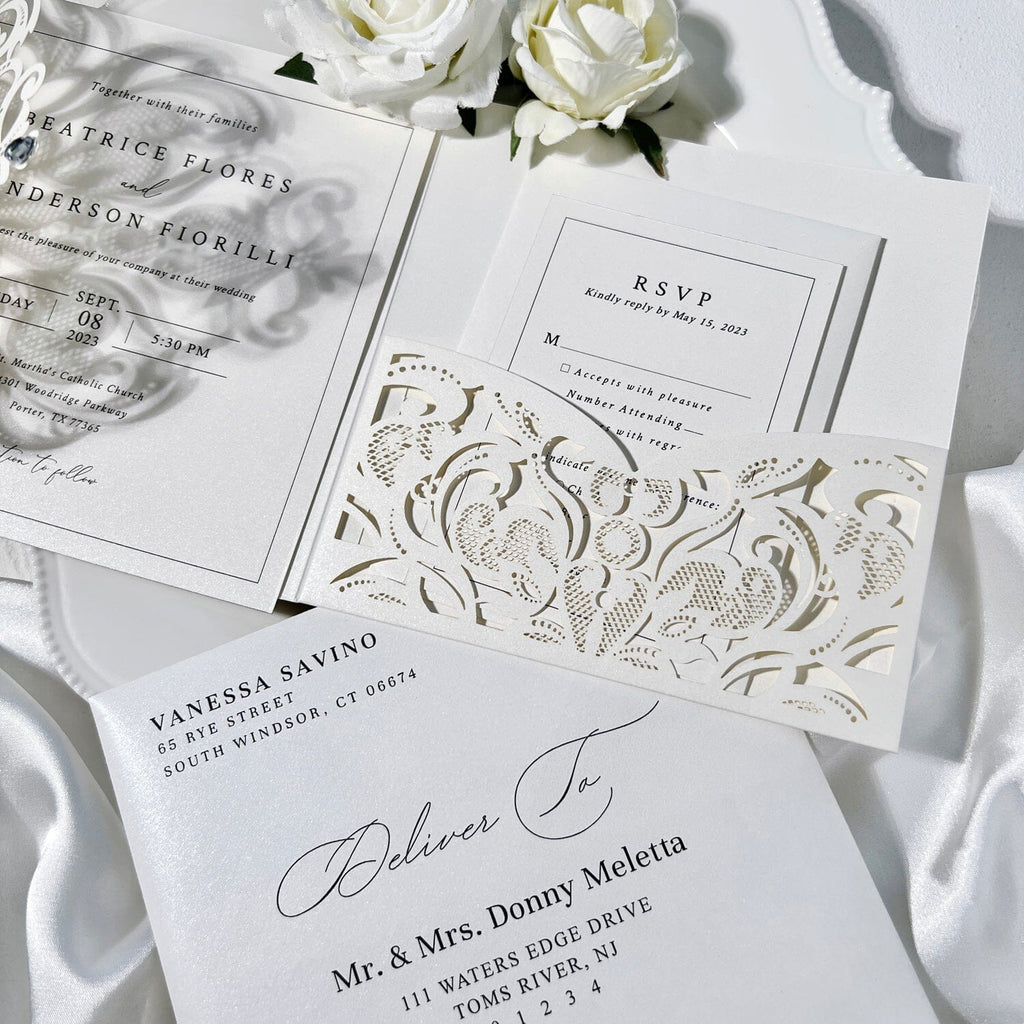 Laser Cut Pocket Fold Wedding Invitation Set, Elegant Ivory Lace Invites, Minimalist Wedding Card, Editable Details Cards and RSVP Wedding Ceremony Supplies Picky Bride 