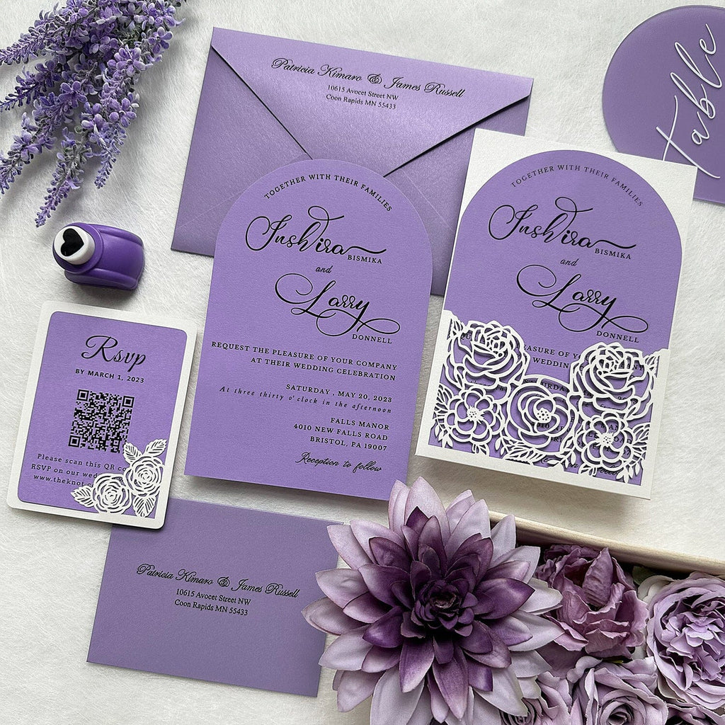 Lavender Floral Wedding Invitations, Elegant Ivory and Lilac Arch Invites, Romantic Laser Cut Pocket Wedding Invitation with Matched RSVP Wedding Ceremony Supplies Picky Bride 