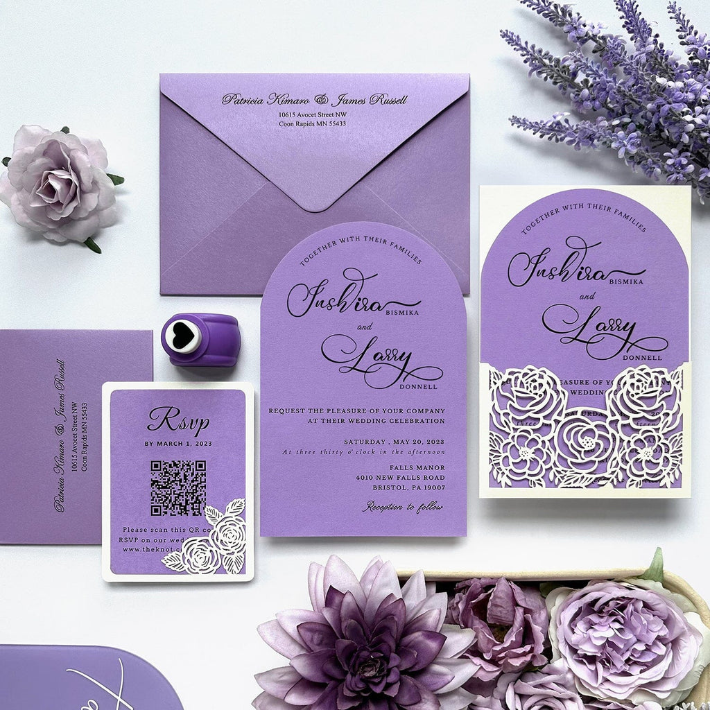 Lavender Floral Wedding Invitations, Elegant Ivory and Lilac Arch Invites, Romantic Laser Cut Pocket Wedding Invitation with Matched RSVP Wedding Ceremony Supplies Picky Bride 