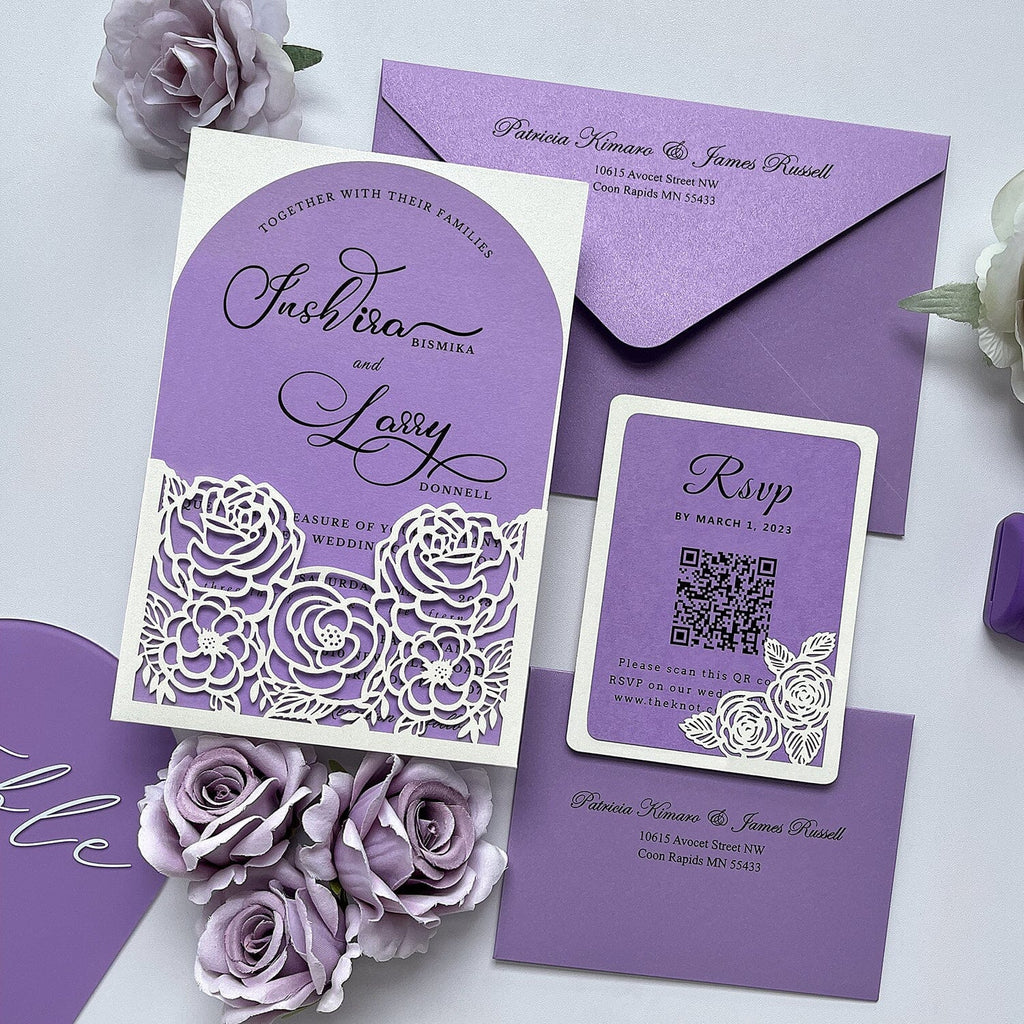 Lavender Floral Wedding Invitations, Elegant Ivory and Lilac Arch Invites, Romantic Laser Cut Pocket Wedding Invitation with Matched RSVP Wedding Ceremony Supplies Picky Bride 