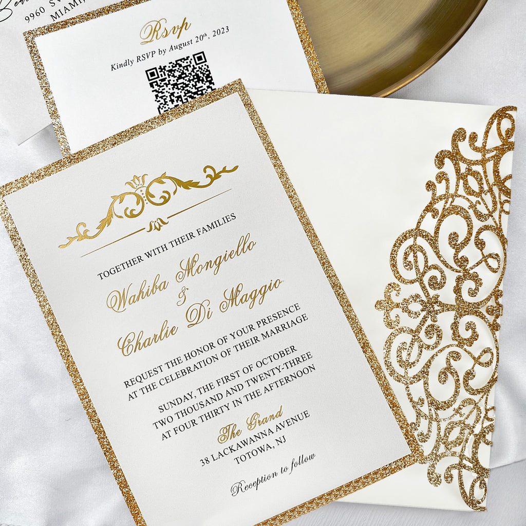 Lavish Gold Glitter Laser Cut Wedding Invites, Luxury Royal Gold Fold Invitation, Elegant Gatefold Wedding Invitations with Personalized Vellum Belly Band Wedding Ceremony Supplies Picky Bride 