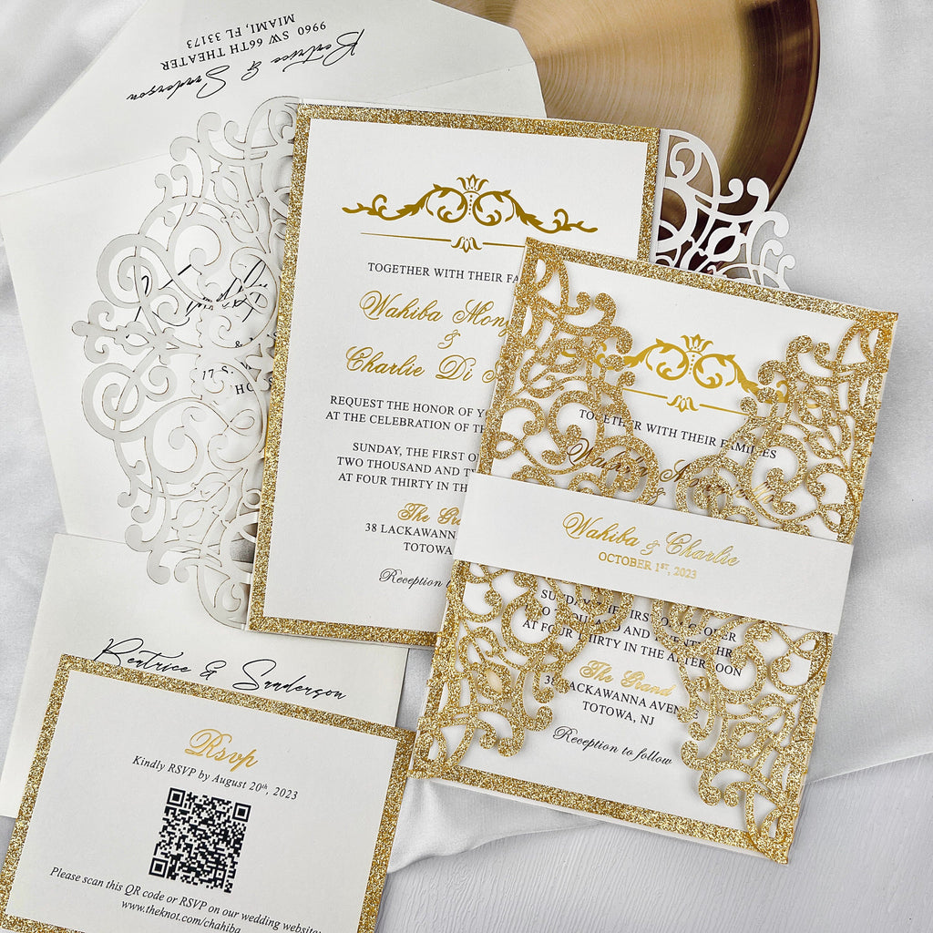 Lavish Gold Glitter Laser Cut Wedding Invites, Luxury Royal Gold Fold Invitation, Elegant Gatefold Wedding Invitations with Personalized Vellum Belly Band Wedding Ceremony Supplies Picky Bride 