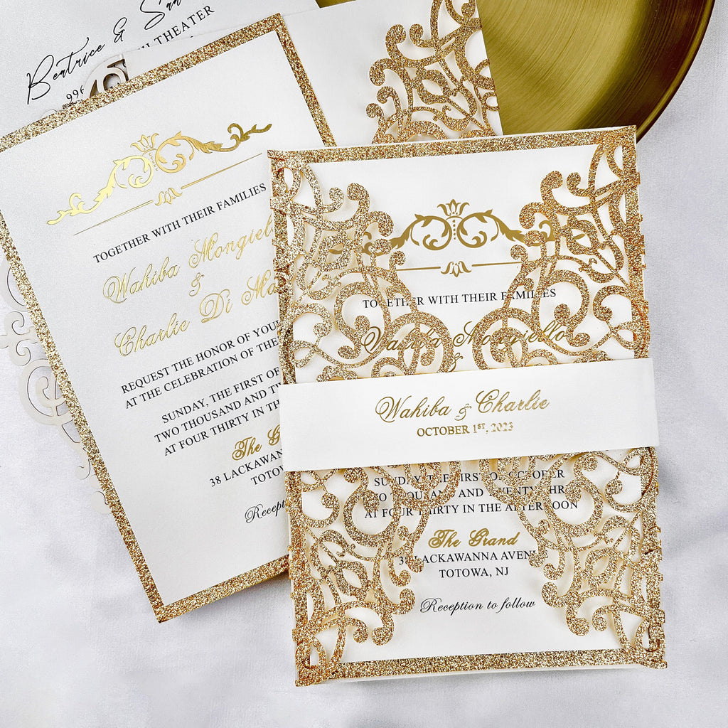 Lavish Gold Glitter Laser Cut Wedding Invites, Luxury Royal Gold Fold Invitation, Elegant Gatefold Wedding Invitations with Personalized Vellum Belly Band Wedding Ceremony Supplies Picky Bride 