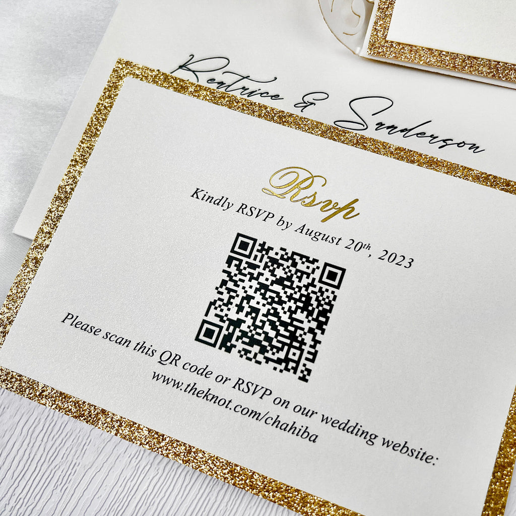 Lavish Gold Glitter Laser Cut Wedding Invites, Luxury Royal Gold Fold Invitation, Elegant Gatefold Wedding Invitations with Personalized Vellum Belly Band Wedding Ceremony Supplies Picky Bride 