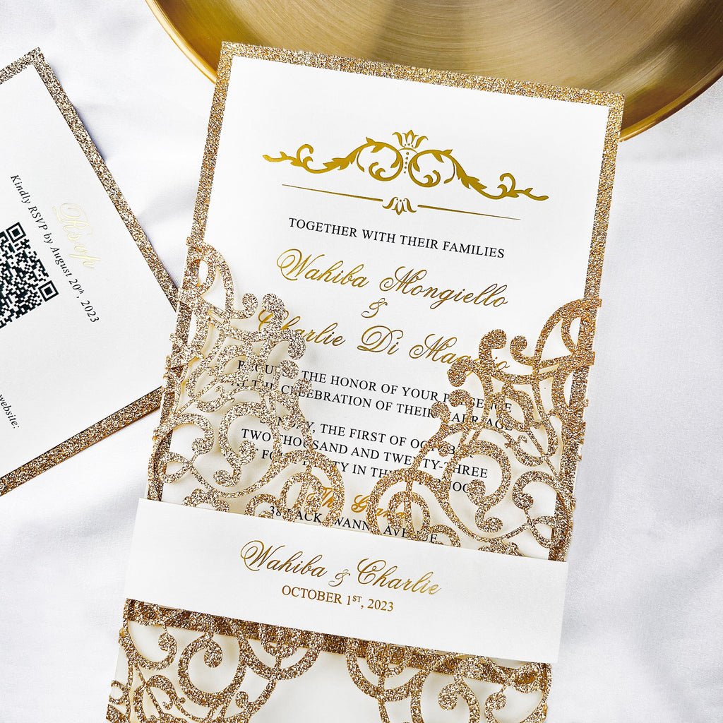 Lavish Gold Glitter Laser Cut Wedding Invites, Luxury Royal Gold Fold Invitation, Elegant Gatefold Wedding Invitations with Personalized Vellum Belly Band Wedding Ceremony Supplies Picky Bride 