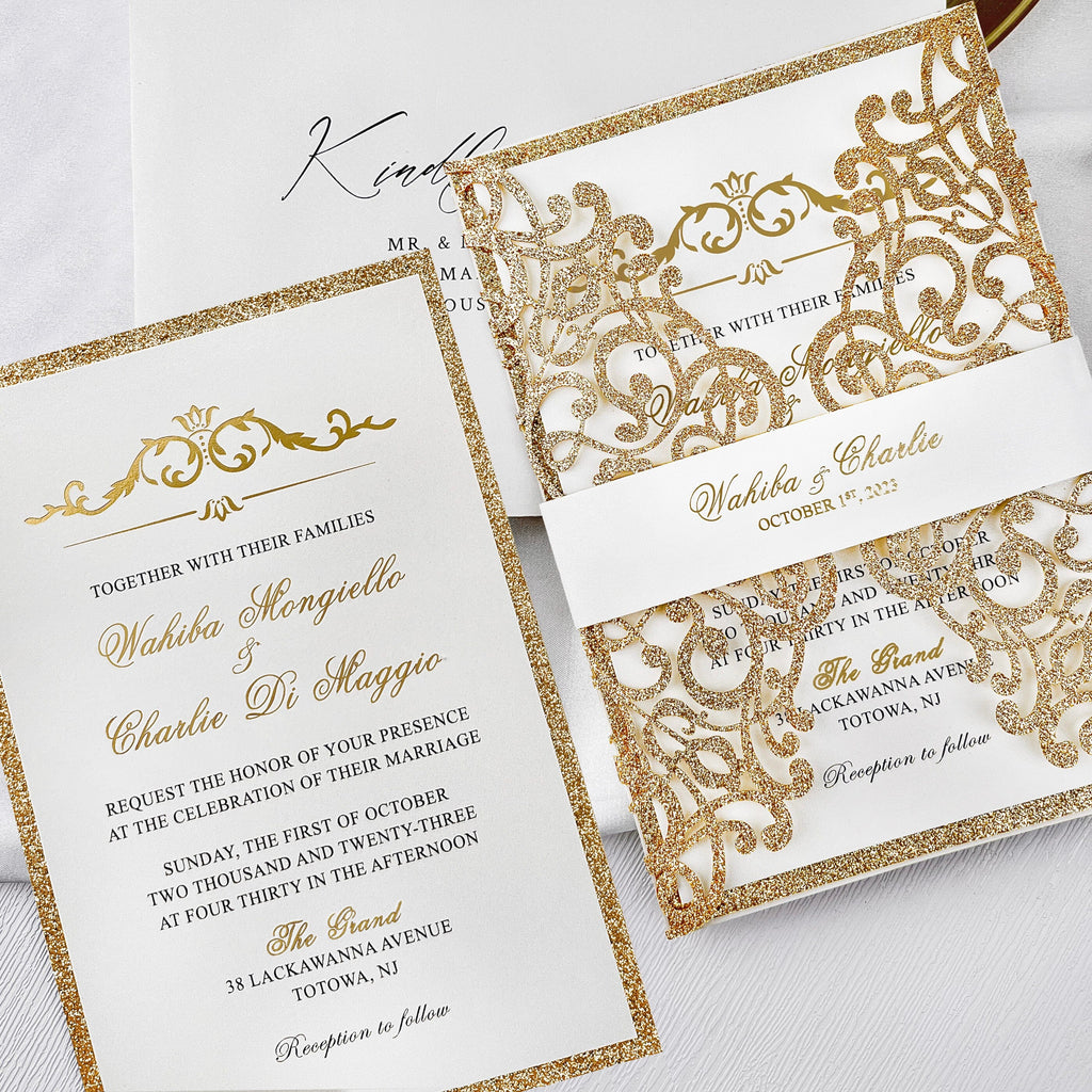 Lavish Gold Glitter Laser Cut Wedding Invites, Luxury Royal Gold Fold Invitation, Elegant Gatefold Wedding Invitations with Personalized Vellum Belly Band Wedding Ceremony Supplies Picky Bride 